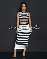 Evaline White Black Stripes Top & Midi Skirt Set