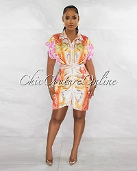*Julien Pink Orange Print Draped Shirt Silky Dress