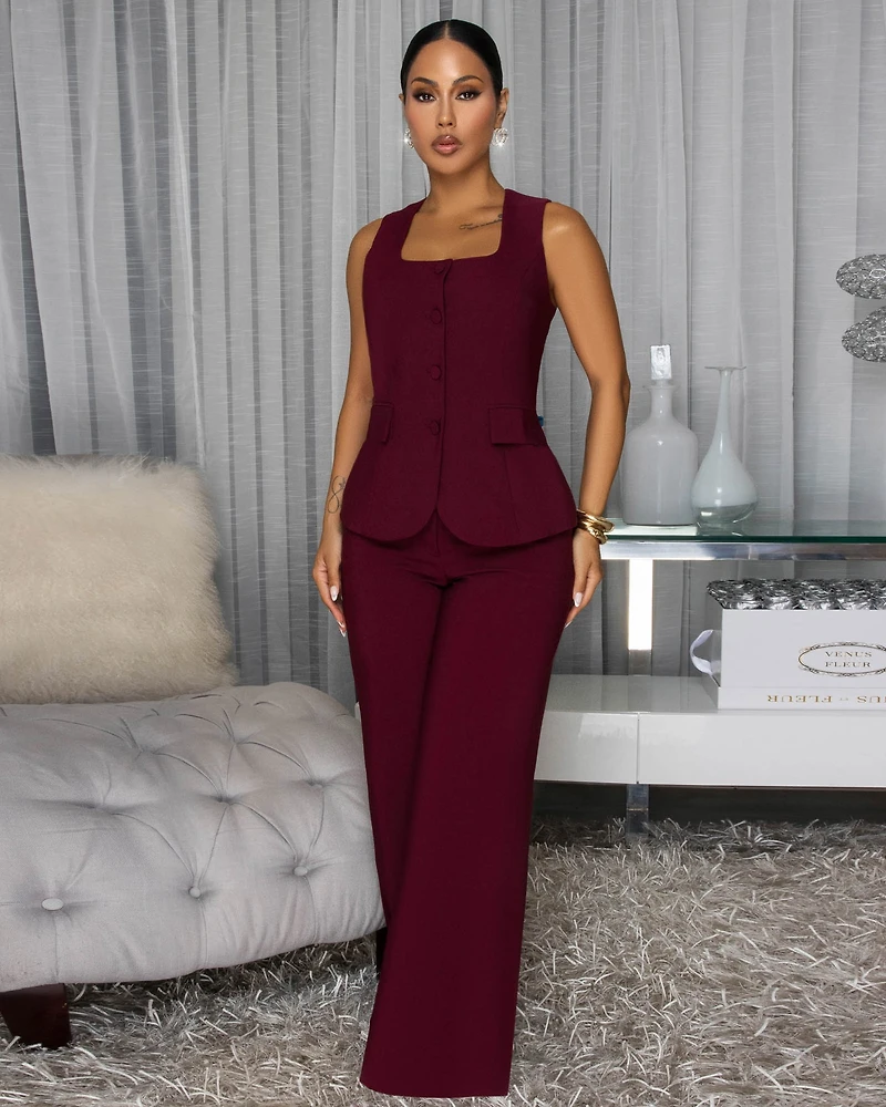 Zelinda Wine Red Woven Vest & Pants Set