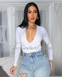 *Nilam White Depp V Neck Long Sleeves Bodysuit