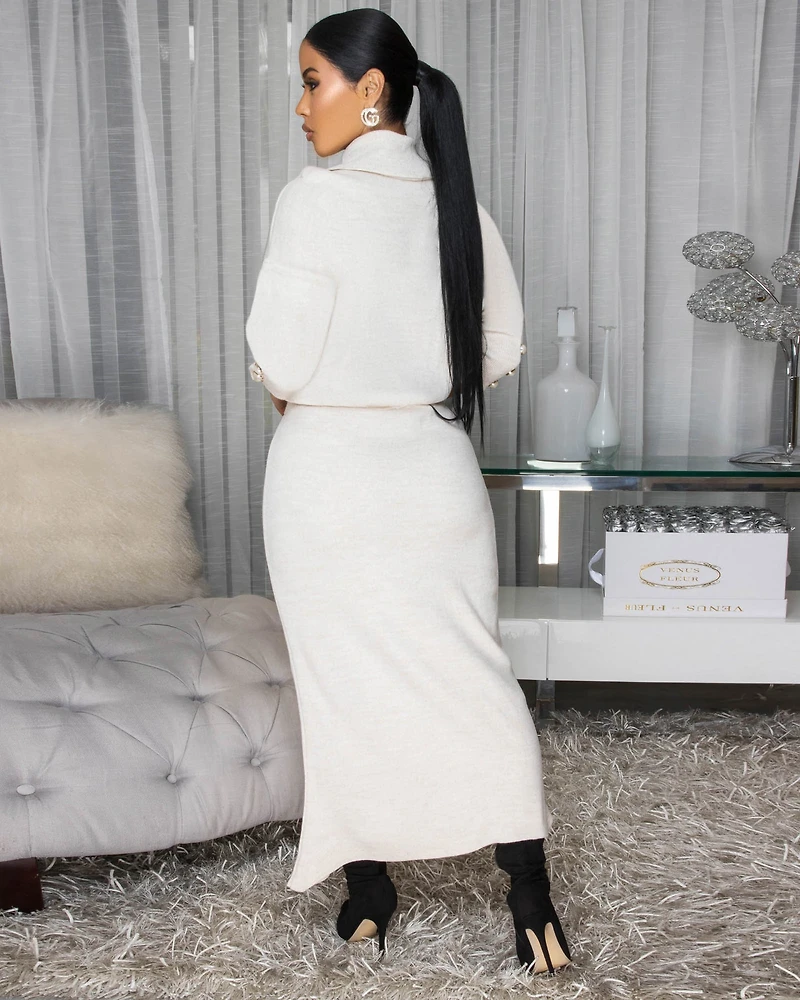 Faedra Oatmeal Knit Sweater Maxi Skirt Set