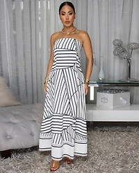 Pensacola White Black Stripe Print Midi Dress