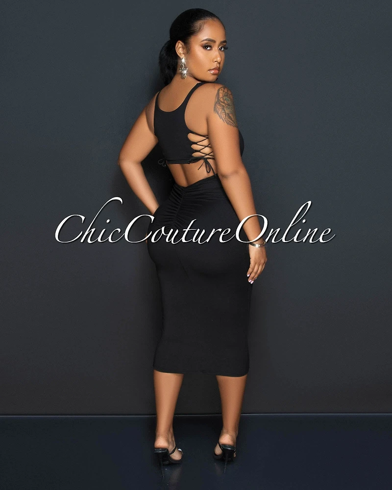 *Cursten Black Back Cut-Out Lace-Up Midi Dress
