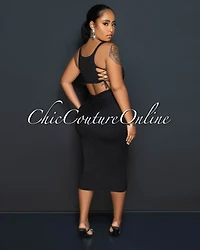 *Cursten Black Back Cut-Out Lace-Up Midi Dress
