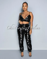 *Bouser Black Iridescent Sequins Crop Top & Pants Set