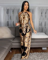 Olivette Brown Black Paisely Print Jumpsuit