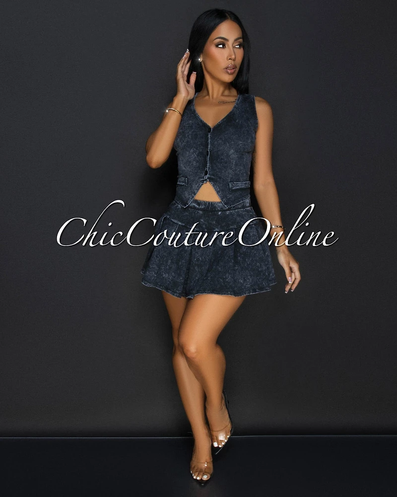 Govina Grey Distressed Vest & Mini Pleated Skort Set