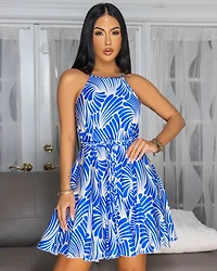 Artemis Royal-Blue Beige Print Flare Dress