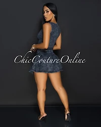 Govina Grey Distressed Vest & Mini Pleated Skort Set