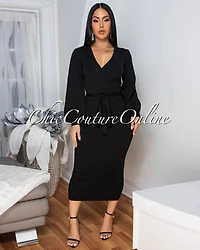 Cider Black Faux Wrap Knit Midi Dress