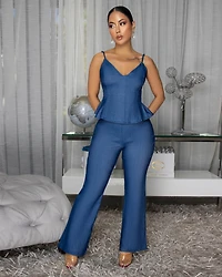 Laurence Medium Blue Denim Peplum Pants Set