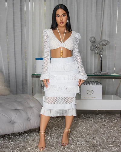 Sonnetta White Lace Crop Top & Fringe Skirt Set