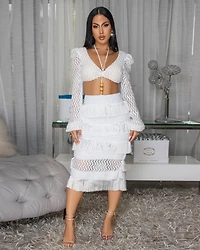 Sonnetta White Lace Crop Top & Fringe Skirt Set