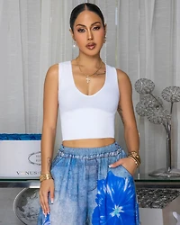 Bolton White V-Neck Ribbed Crop Top