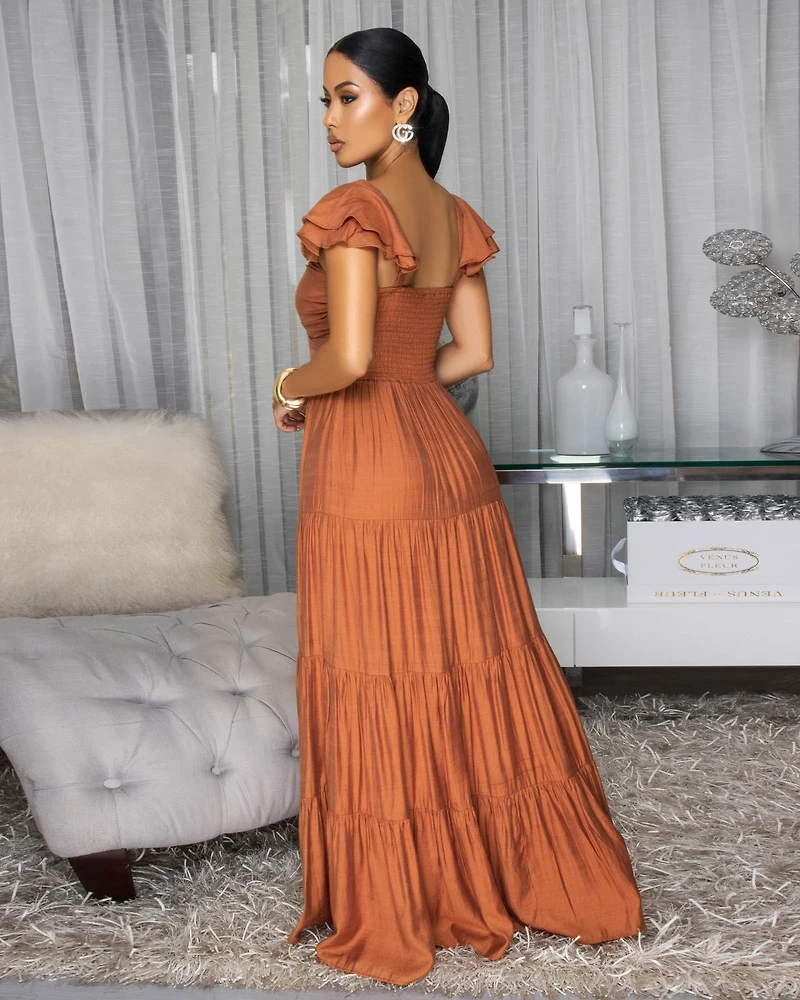 Blain Rust Ruffle Sleeves Maxi Dress
