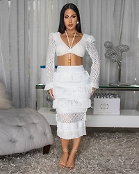 Sonnetta White Lace Crop Top & Fringe Skirt Set
