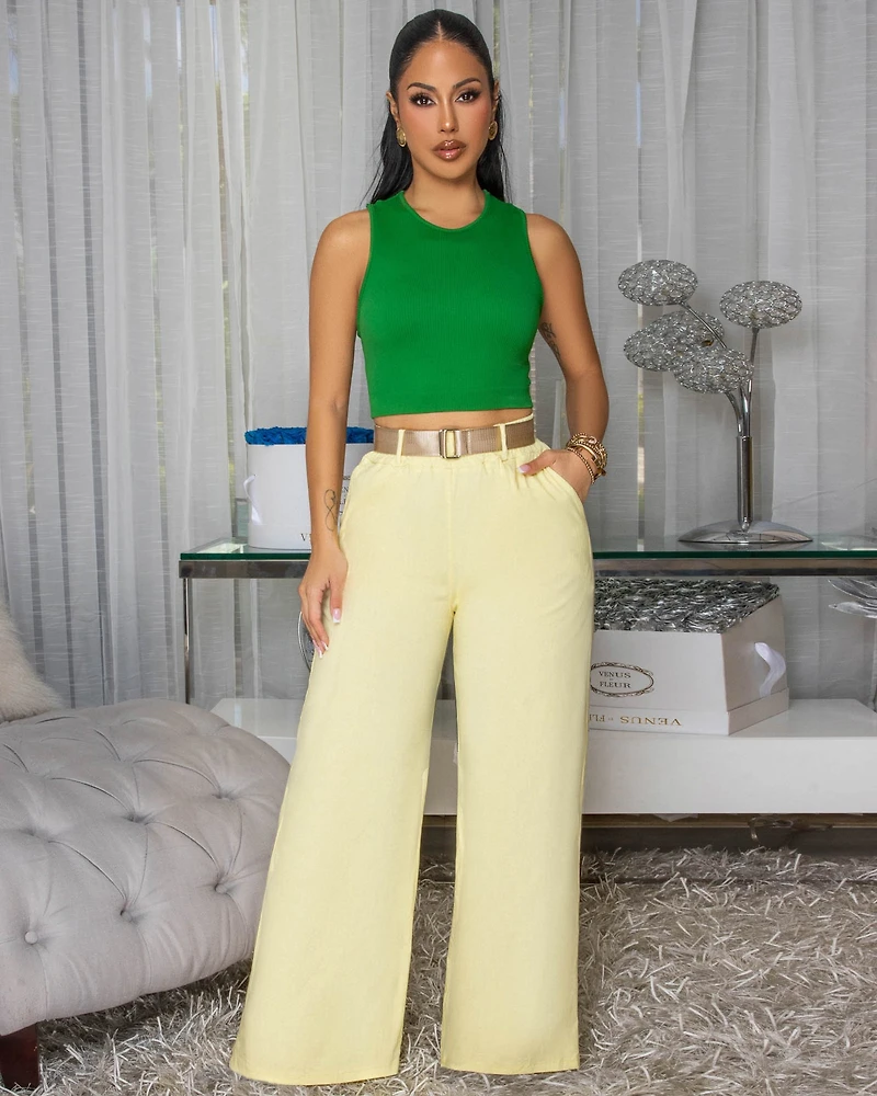Venus Light Yellow Belted Straight Legs Pants