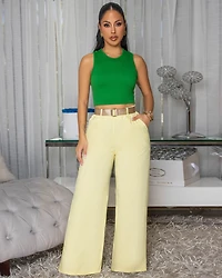 Venus Light Yellow Belted Straight Legs Pants