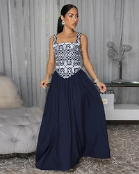 Cesca Navy-Blue Embroidery Design Maxi Dress
