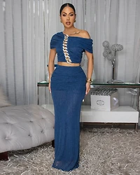 Lawrence Midnight Blue Mesh Ruched Top & Skirt Set (8/26/25)