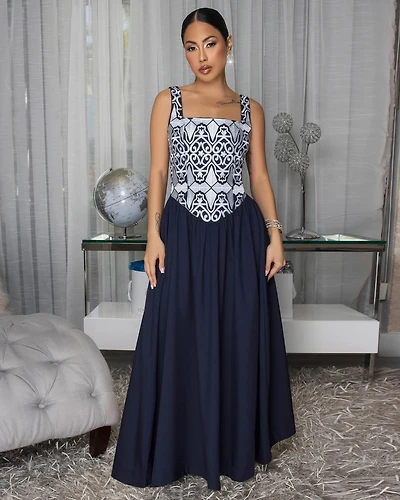 Cesca Navy-Blue Embroidery Design Maxi Dress