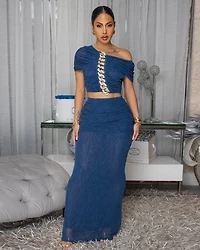 Lawrence Midnight Blue Mesh Ruched Top & Skirt Set (8/26/25)
