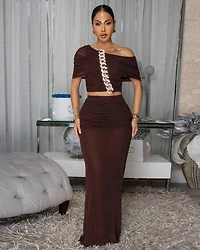 Lawrence Chocolate Brown Mesh Ruched Top & Skirt Set