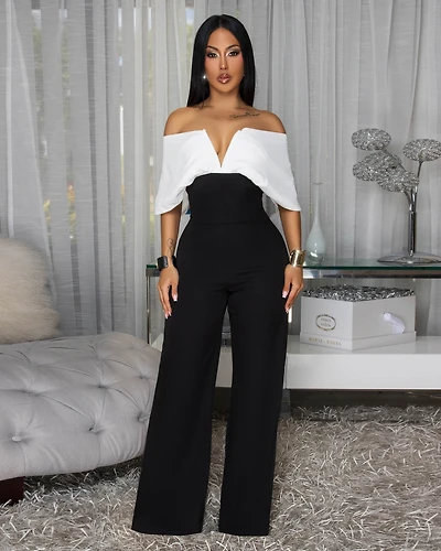 Eliselle Off-White Black Off-The-Shoulder Jumpsuit