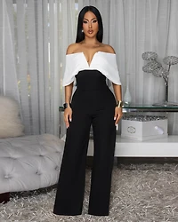 Eliselle Off-White Black Off-The-Shoulder Jumpsuit