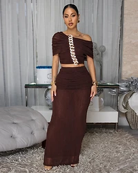 Lawrence Chocolate Brown Mesh Ruched Top & Skirt Set