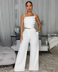 Linara Off-White Gold Buttons Top & Pants Set
