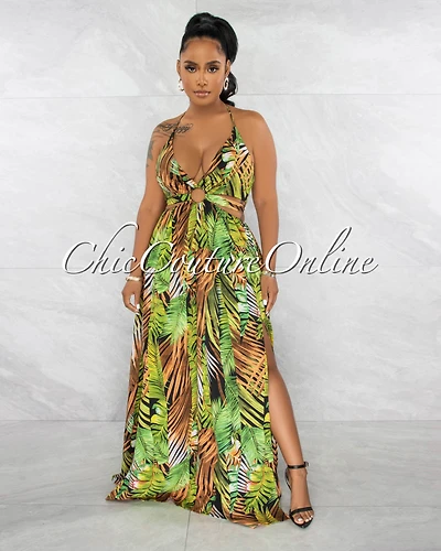*Idola Black Green Palm Print Cut-Out Sides Maxi Dress