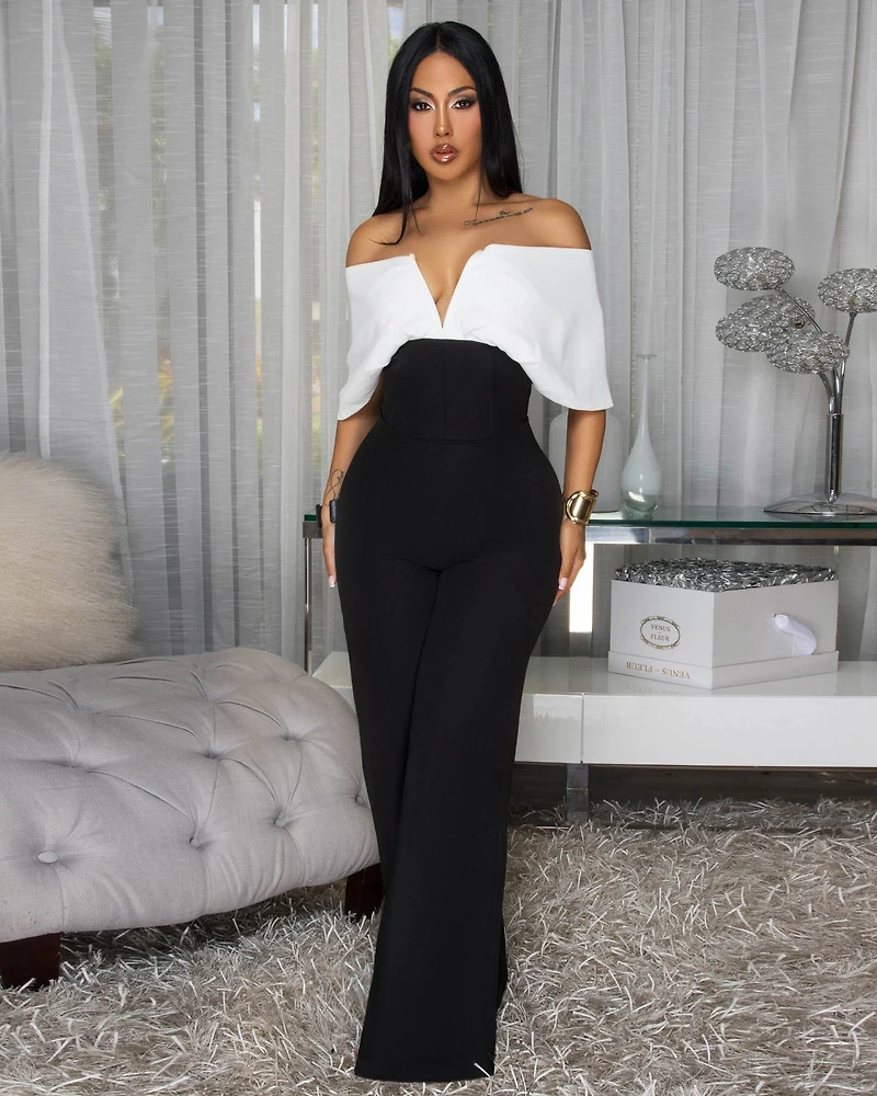 Eliselle Off-White Black Off-The-Shoulder Jumpsuit