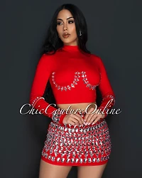 Birka Red Rhinestones Crop Top & Mini Skirt Set