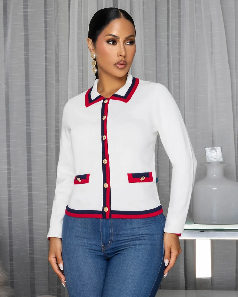 Vittola Off-White Stripes Trim Cardigan