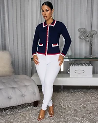 Vittola Navy-Blue Stripes Trim Cardigan