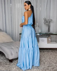 Belkys Baby Blue Single Shoulder Tiered Maxi Dress