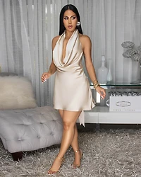Elba Champagne Silky Halter Mini Dress
