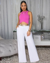 Venus White Belted Straight Legs Pants