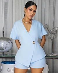 Dana Baby Blue Single Button Shorts Set