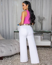 Venus White Belted Straight Legs Pants