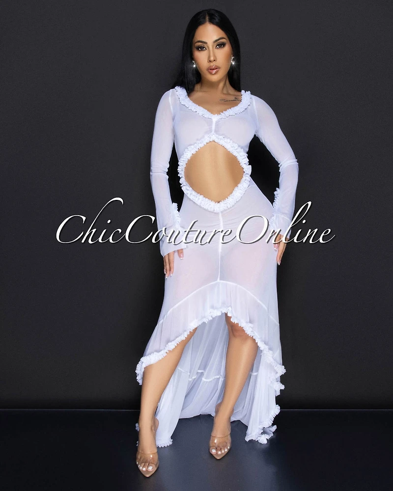 *Zala White Sheer Ruffle Cover Up Maxi Dress