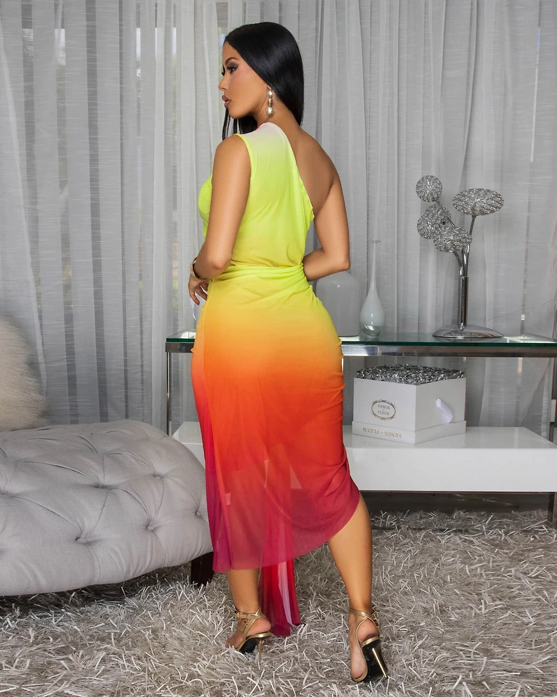 Vasilia Lime Rust Ombre Mesh Midi Dress