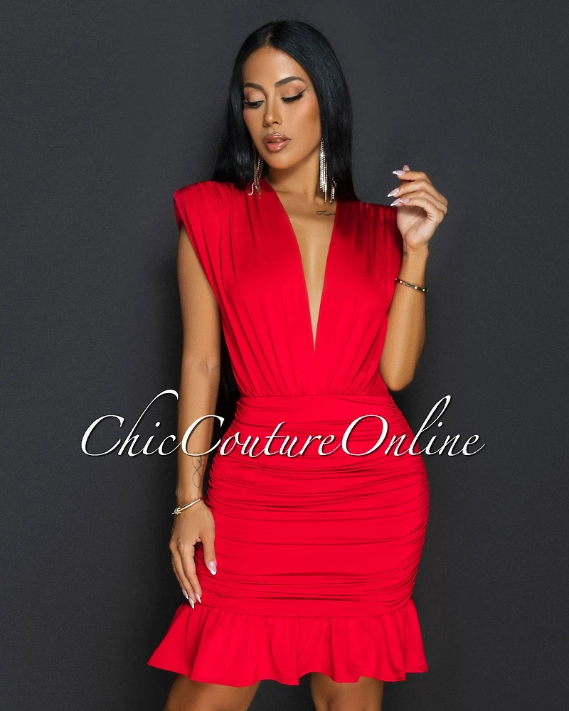 Amai Red Deep-V Ruched Ruffle Dress
