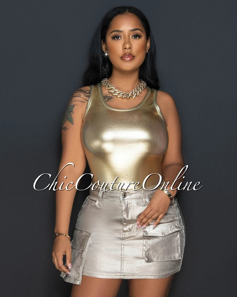 Sarabia Gold Cargo Pockets Denim Skirt