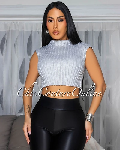 Madhere Silver High-Shine Ribbed Top