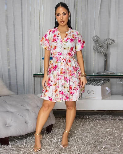 Pascale Cream Fuchsia Multicolor Floral Print Skater Dress