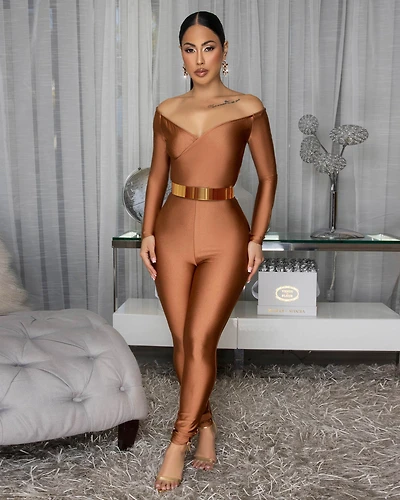 Polene Bronze Off-The-Shoulder Jumpsuit
