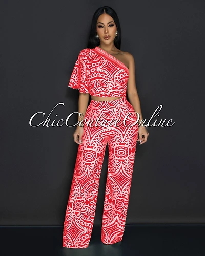Odana Red Beige Single Shoulder Top & Pants Set