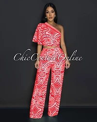 Odana Red Beige Single Shoulder Top & Pants Set